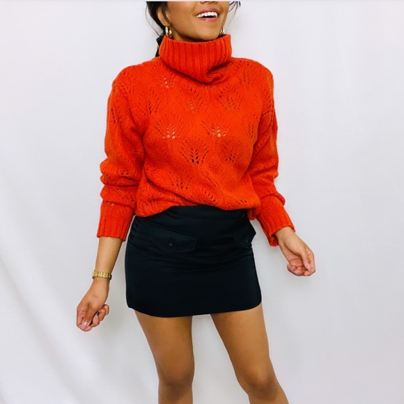 Vintage | Orange Pointelle Drop Shoulder Balloon Sleeve Turtleneck Sweater - Picture 8 of 13
